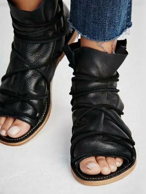 Solid Bandage Open Toe Flats Shoes