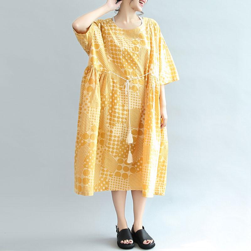 Round Neck Printing Lacing Summer Women Yellow Dress