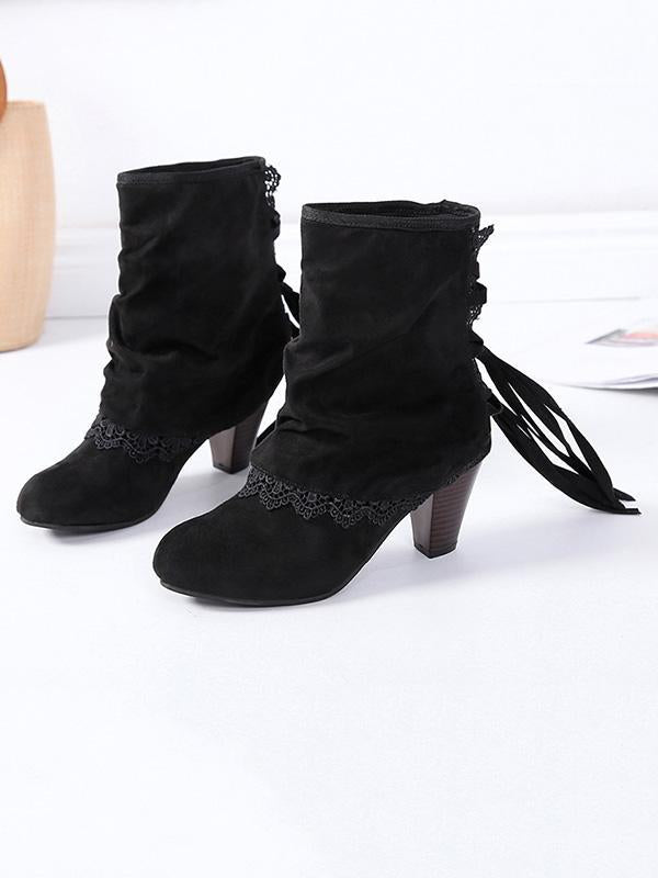 Solid Color Bandage Tasseled Purfle Lace Ankle Boots Shoes