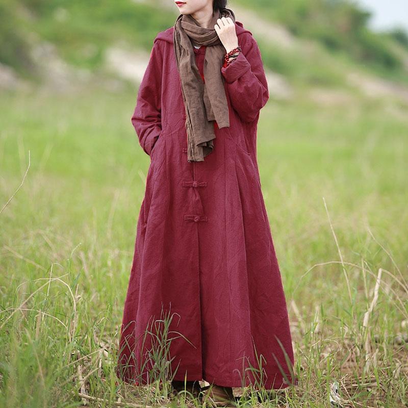 Retro Ethnic Frogs Long Sleeves Wine Red Autumn Winter Women Hoody Coat