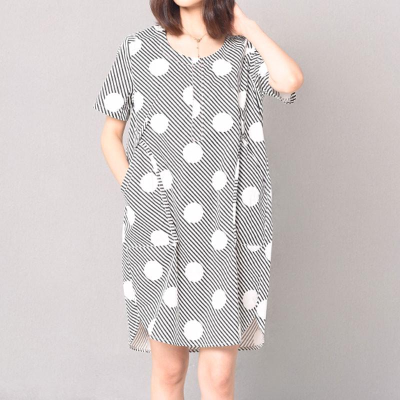 Round Neck Double Pocket Dot Women Black Stripe Dress
