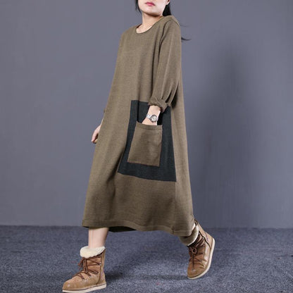 Loose Round Neck Long Knit Sweater Coffee and Black Dress