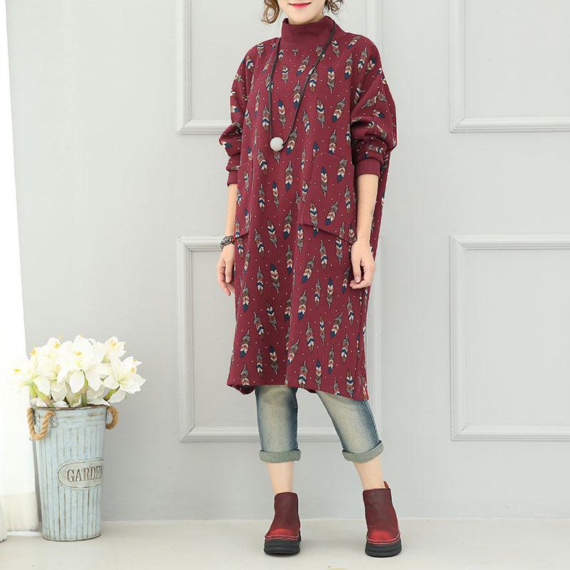 Literature Turtle Leaf Printing Neck Long Sleeves Big Pockets Red Women Dress