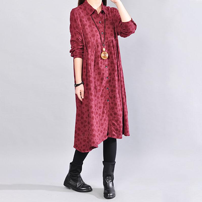 Soft Cotton Long Sleeves Red Dot Autumn Winter Women Dress