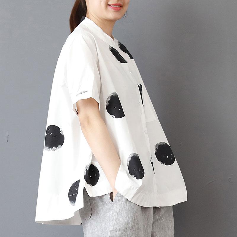 Stand Collar Short Sleeve Loose Cotton White Shirt