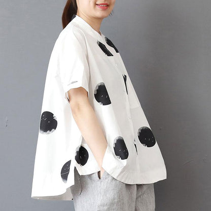 Stand Collar Short Sleeve Loose Cotton White Shirt