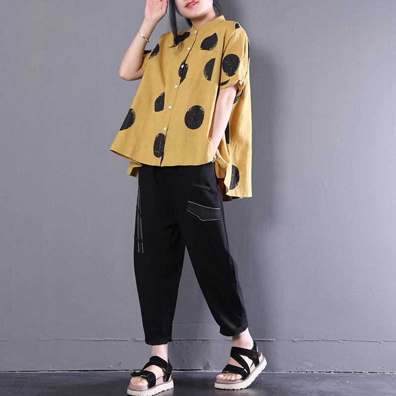 Stand Collar Short Sleeve Loose Cotton Yellow Shirt