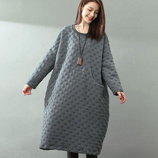 Jacquard Round Neck Hedging Long Sleeves Literature Gray Women Dress