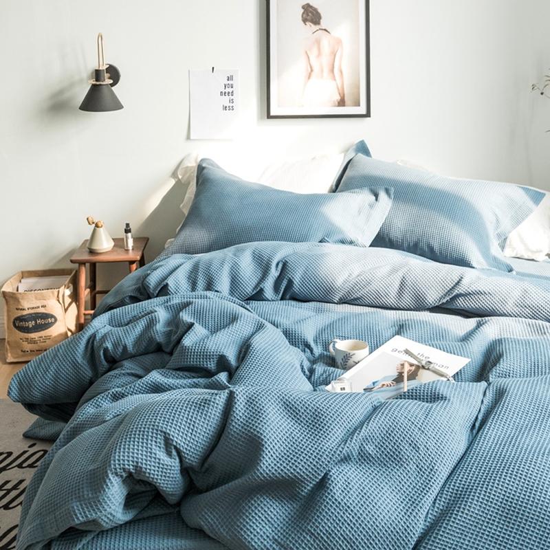 4 Pieces Set Waffle Plaid Cotton Bedlinen