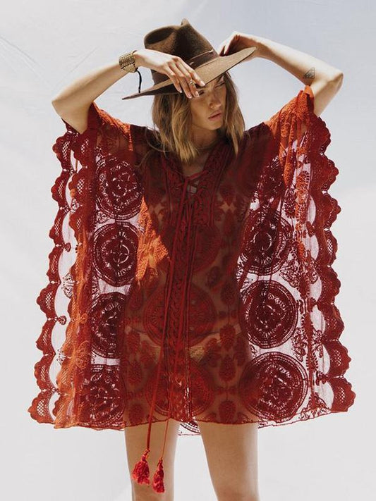 Sexy Red Lace Bandage Cover-up Mini Dress