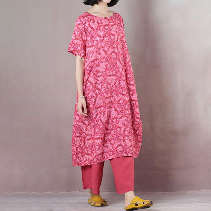 Short Sleeve Red Linen Casual Pockets Women Dress