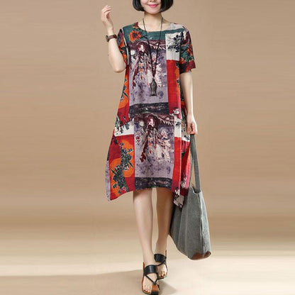 Summer Retro Printing Loose Red Dress