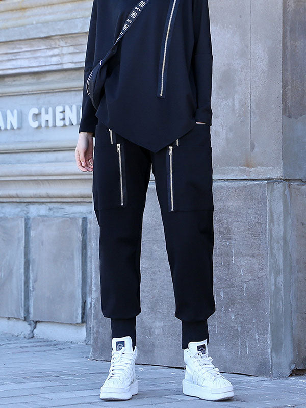 Loose Solid Pocket Zipper Overall Pants