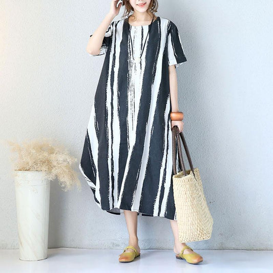 Cotton Linen Short Sleeves Black Dress