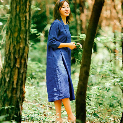 Loose Casual Women Round Neck Three Quarter Sleeve Blue Dress