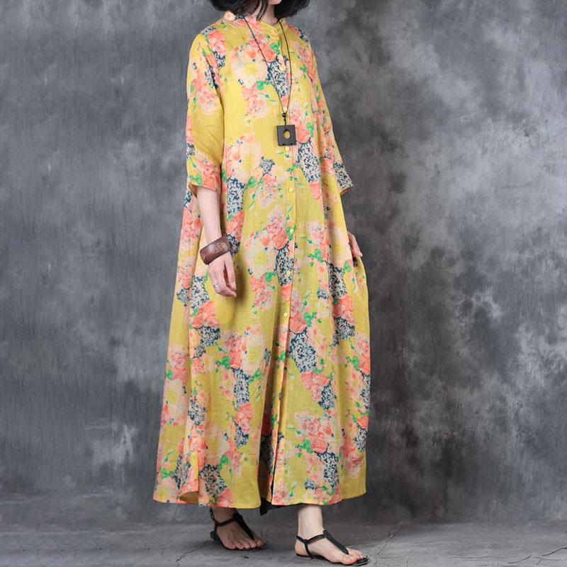 Stand Collar Printed Ramie Single Breasted Women Dress