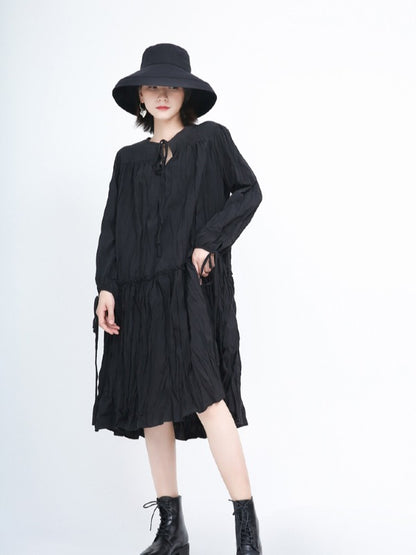 Loose Solid Pleated Lace Up Dress