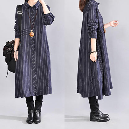 Navy Blue Stripe Cotton  Linen Stand Collar Women Long Shirt