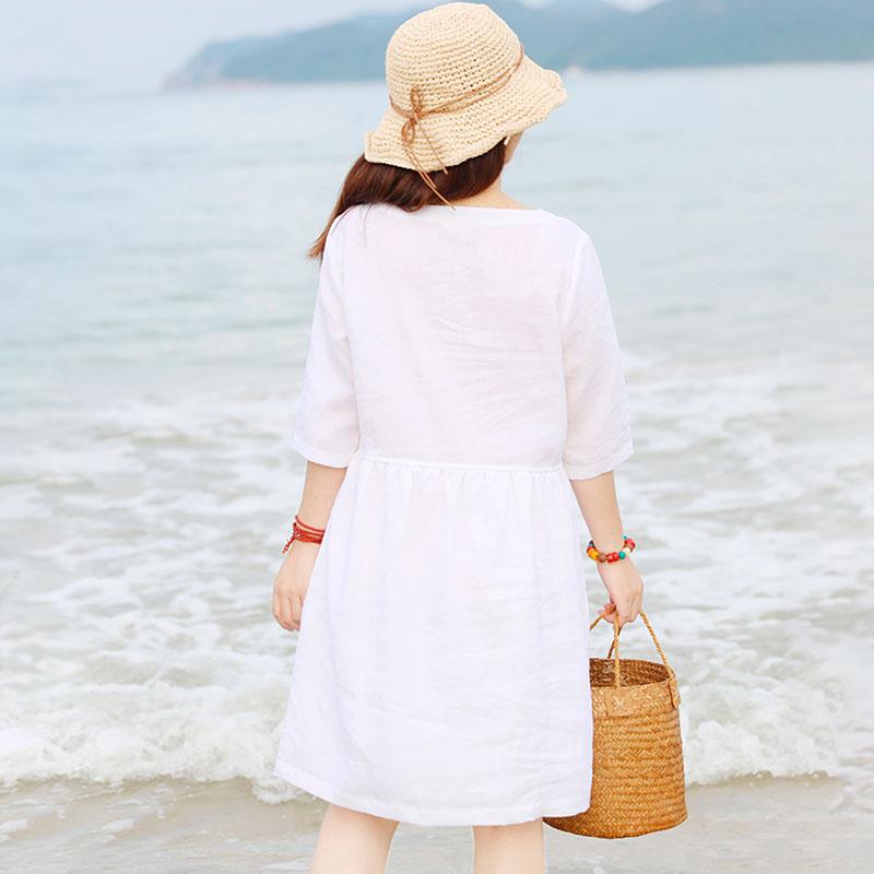 Special Collar Design Women Half Sleeve Loose White Folded Dress