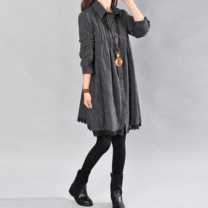 Loose Cotton Printing Lace Hem Black Dress