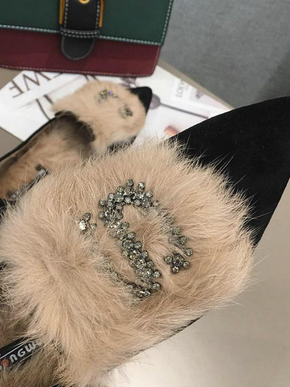 Rhinestone S Letter Artificial Fur Pointed Shoes