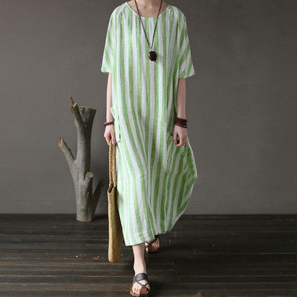 Retro Loose Round Neck Short Sleeve Green Stripe Dress