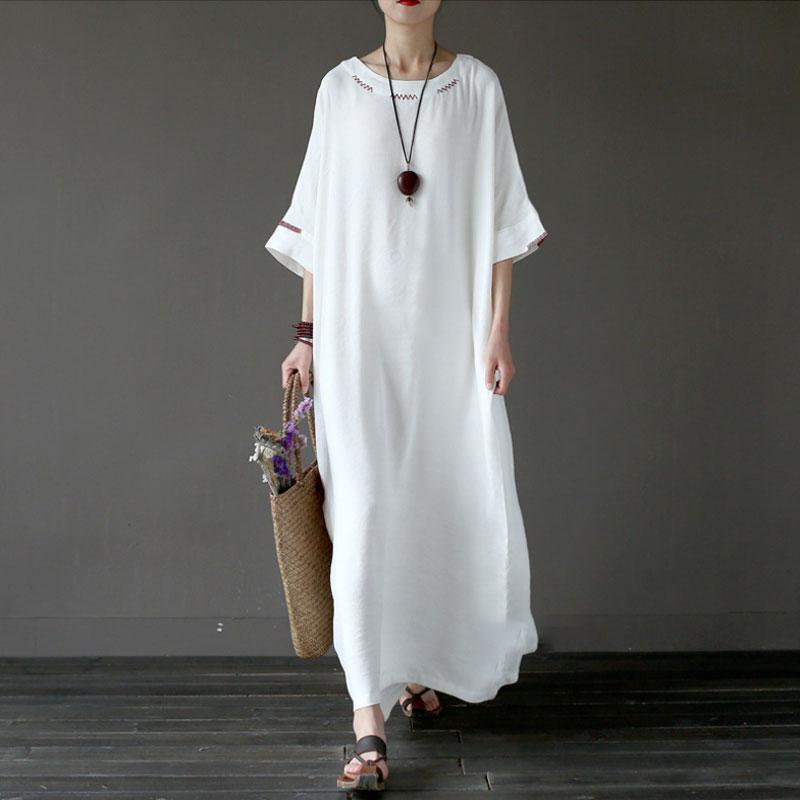 Women Flax Cotton 1/2 Sleeve Embroidery White Dress