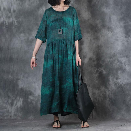 Women Ramie 1/2 Sleeve Printed Pleated Dark Green Dress
