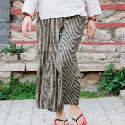 Loose linen Ankle Length Gray Coffee Stripe Women Pants