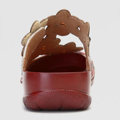 Retro Flower Pattern Handmade Leather Flat Round Head Comfortable Casual Sandals
