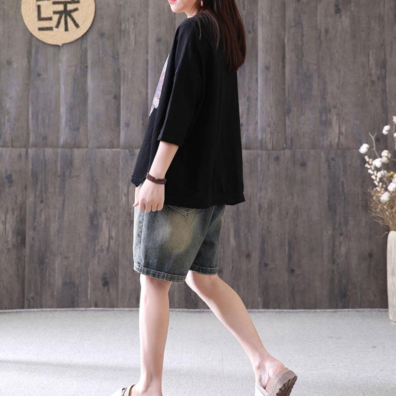 Three Quarter Sleeve Loose Sunflower Printed Black Tops