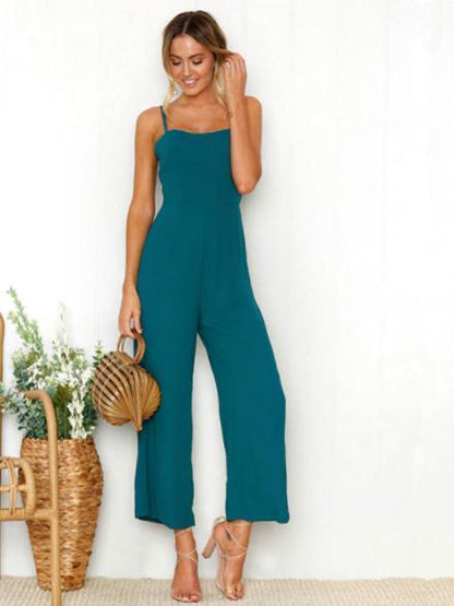 Solid Color Spaghetti-neck Wide Leg Jumpsuits