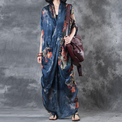 Printing Women Summer Loose Casual Irregular Floral Blue Dress