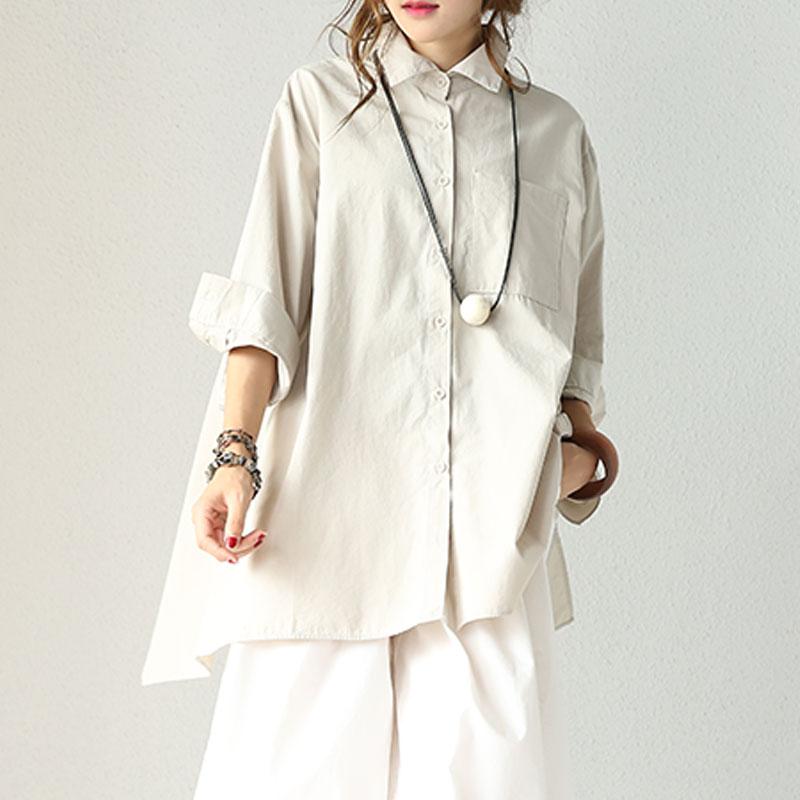 Cotton Loose Single Breasted Polo Collar Patchwork Double Layer Khaki Shirt