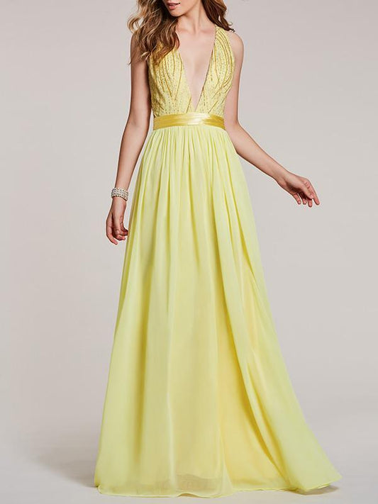 Deep V-neck Sleeveless Evening Dress