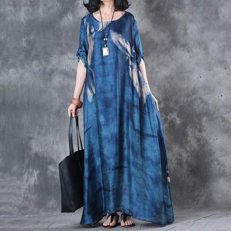 Retro Three Quarter Sleeve Printed Blue Long Dress