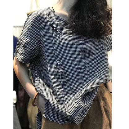 Cotton Linen Loose Vintage Frog Plaid Blouse