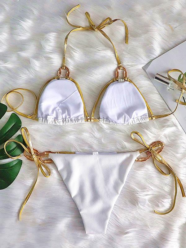 Solid Color Bandage Split Bikini Swimsuit