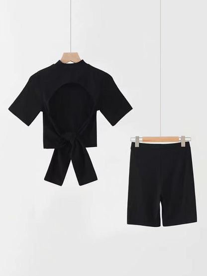 Knot Short Sleeve Backless Tees And Shorts Suits