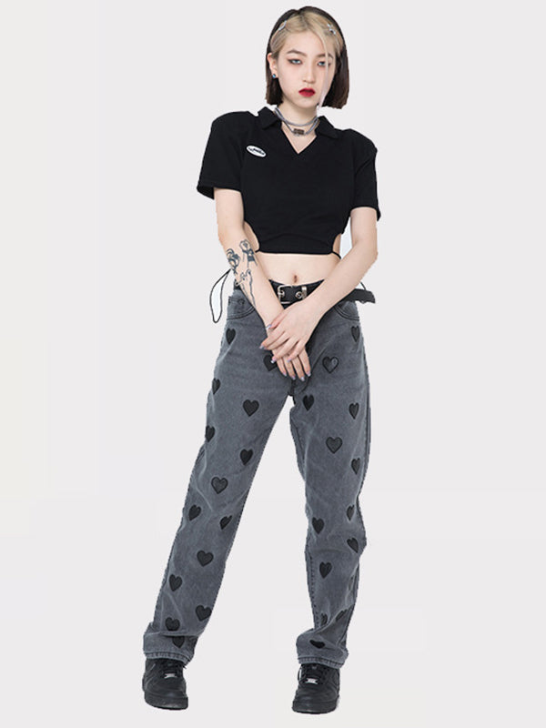 Original Black Lapel V-Neck Hollow T-Shirt