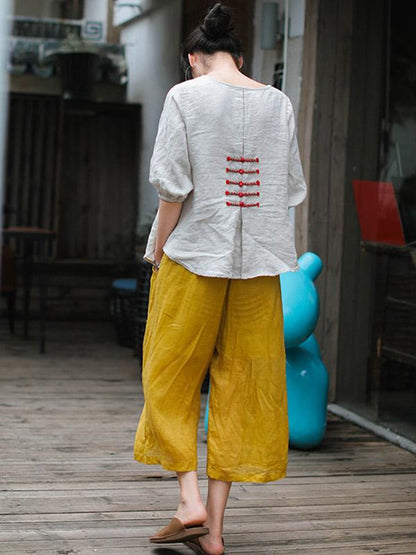 Casual Retro Linen Frog Blouses