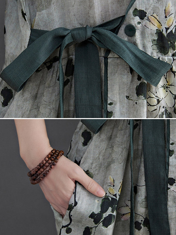 Artistic Retro Loose Tied Floral Printed Pleated V-Neck Short Sleeves Midi Dress