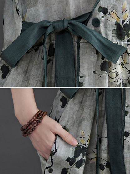 Artistic Retro Loose Tied Floral Printed Pleated V-Neck Short Sleeves Midi Dress