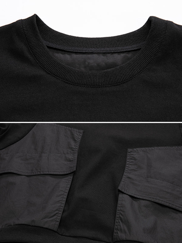 Casual Black Split-Joint Big Pocket Long Sleeves Round-Neck T-Shirt