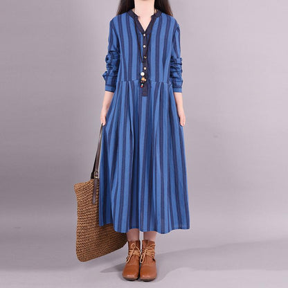 Buykud Retro Striped Folded Comfortable Loose Dress
