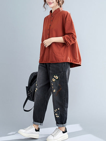 Casual Solid Color Buttoned Split-Joint With Pocket Stand Collar Long Sleeves Sweatshirts