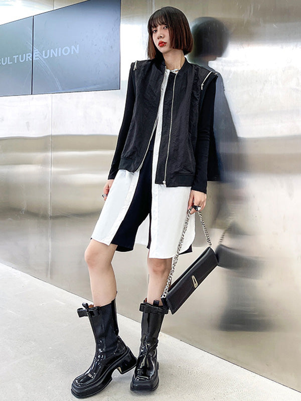 Cool Street Split-Joint Zipper Buttoned Round-Neck Sleeveless False Two Vest Outwear