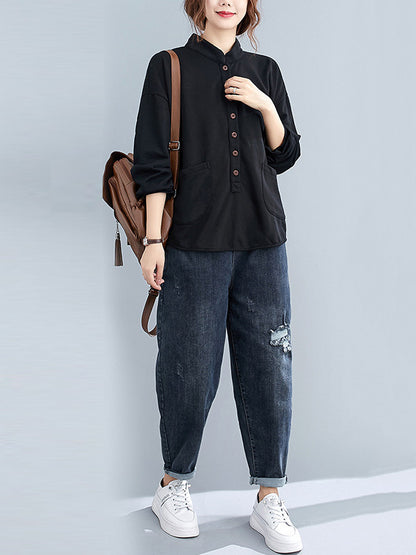 Casual Solid Color Buttoned Split-Joint With Pocket Stand Collar Long Sleeves Sweatshirts