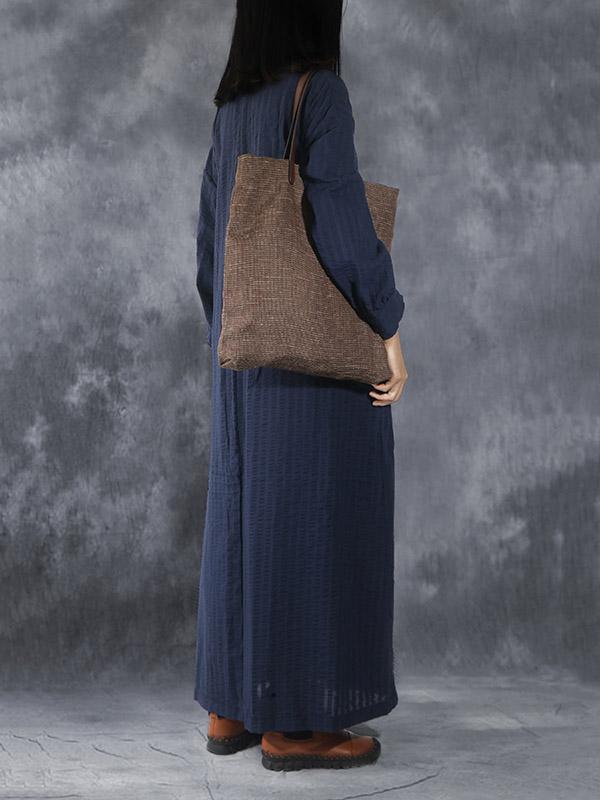 Loose Navy-blue Striped V-neck Lapel Long Dress
