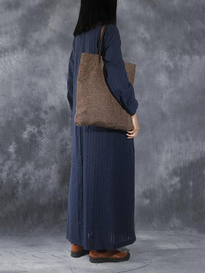 Loose Navy-blue Striped V-neck Lapel Long Dress
